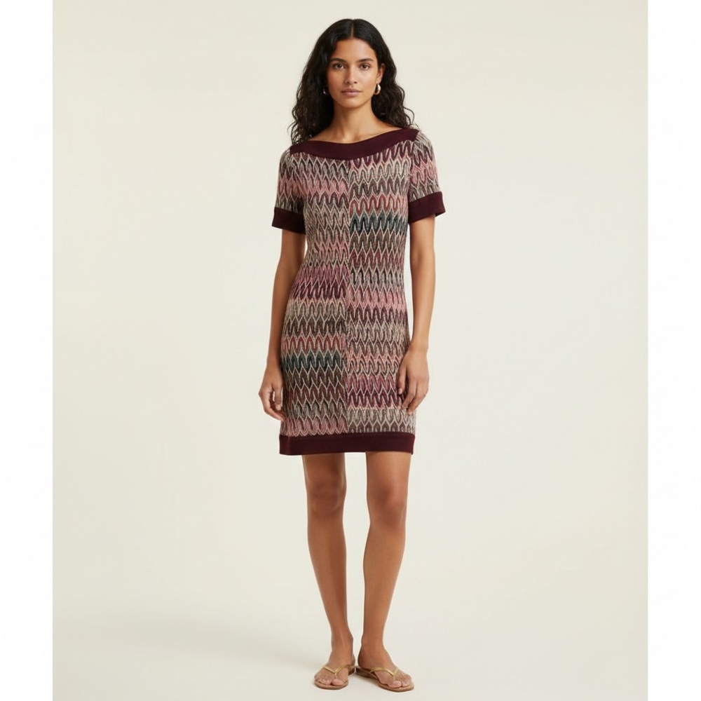 Missoni Knit Pink Multicolor Orange Label Wool Mini Sheath A Line Dress Small 40